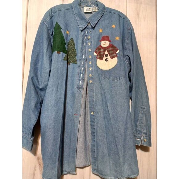 Christmas‎ Shirt Ladies 20W Chambray Button Front Snowman Christmas Tree Vintage - Picture 3 of 8